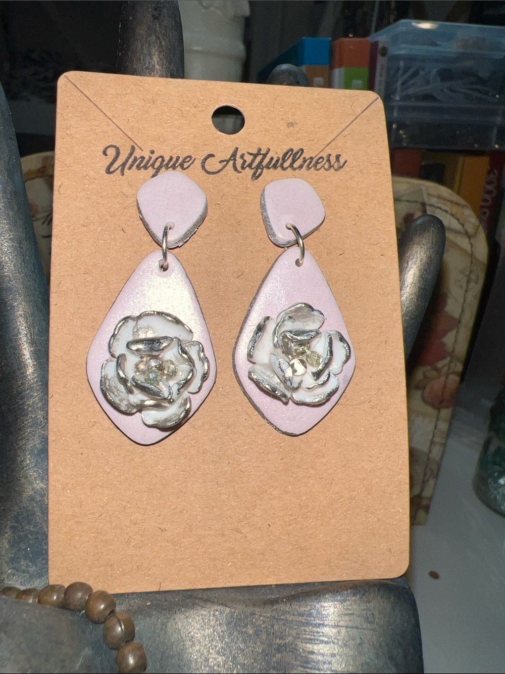 Pink polymer clay handmade Teardrop Flower Drop Earrings